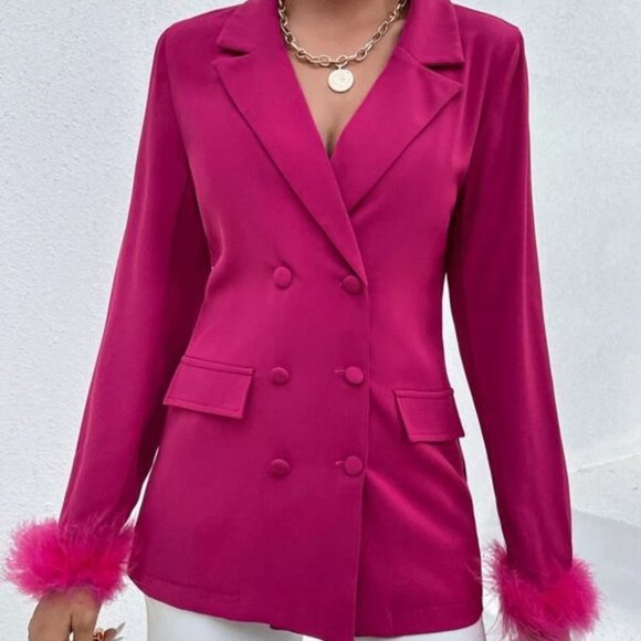 Fuschia Cuff Double Breasted Classic Feather Trimmed Blazer - Picture 4 of 6